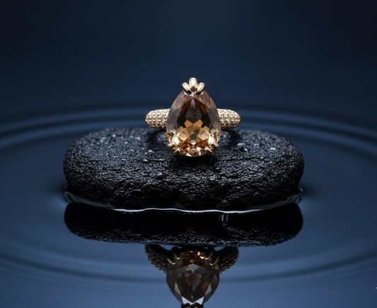 Champagne Pear Halo Gold Ring